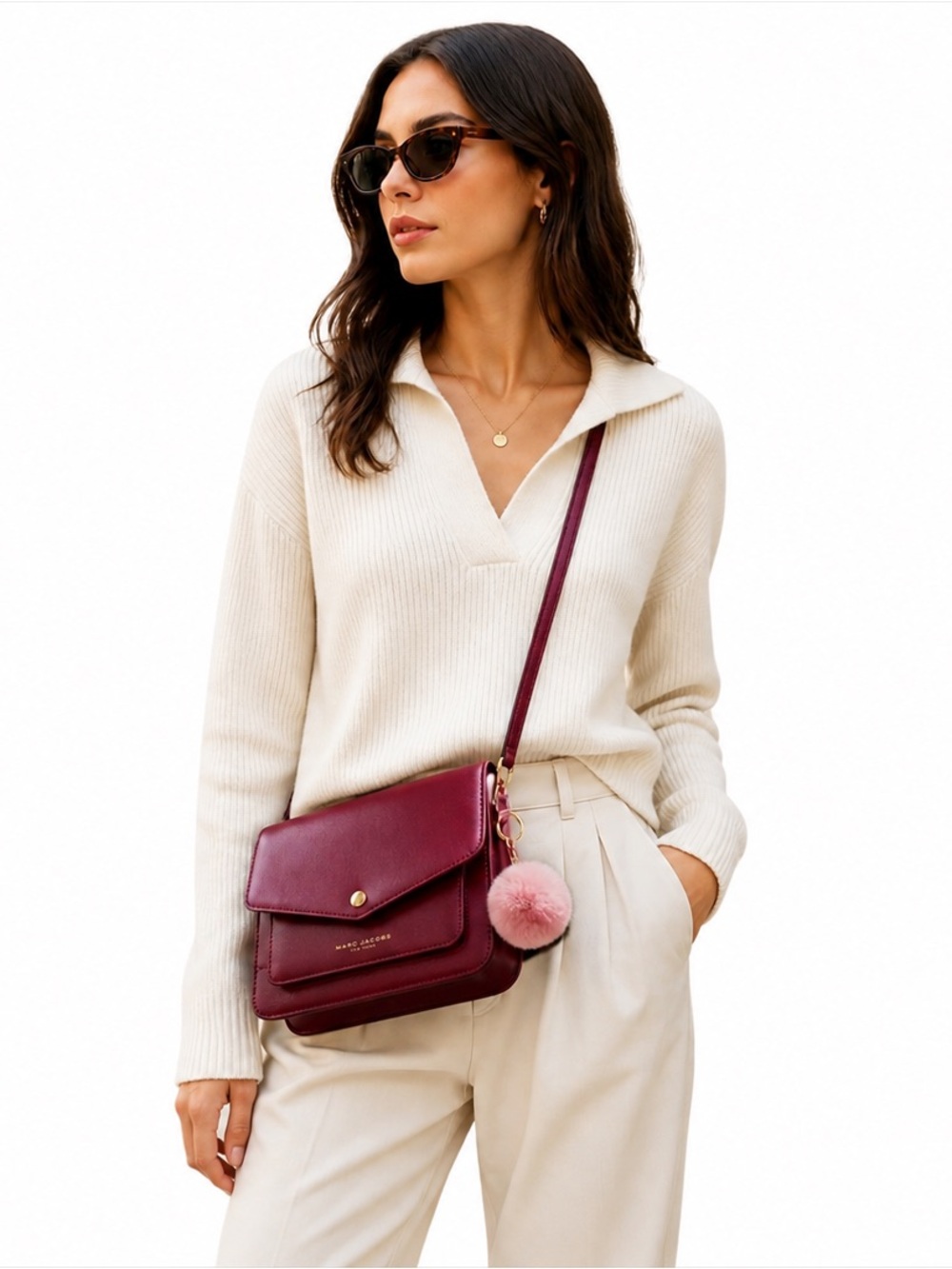 Marc Jacobs Saffiano Envelope Crossbody Bag with Pom Charm Burgundy